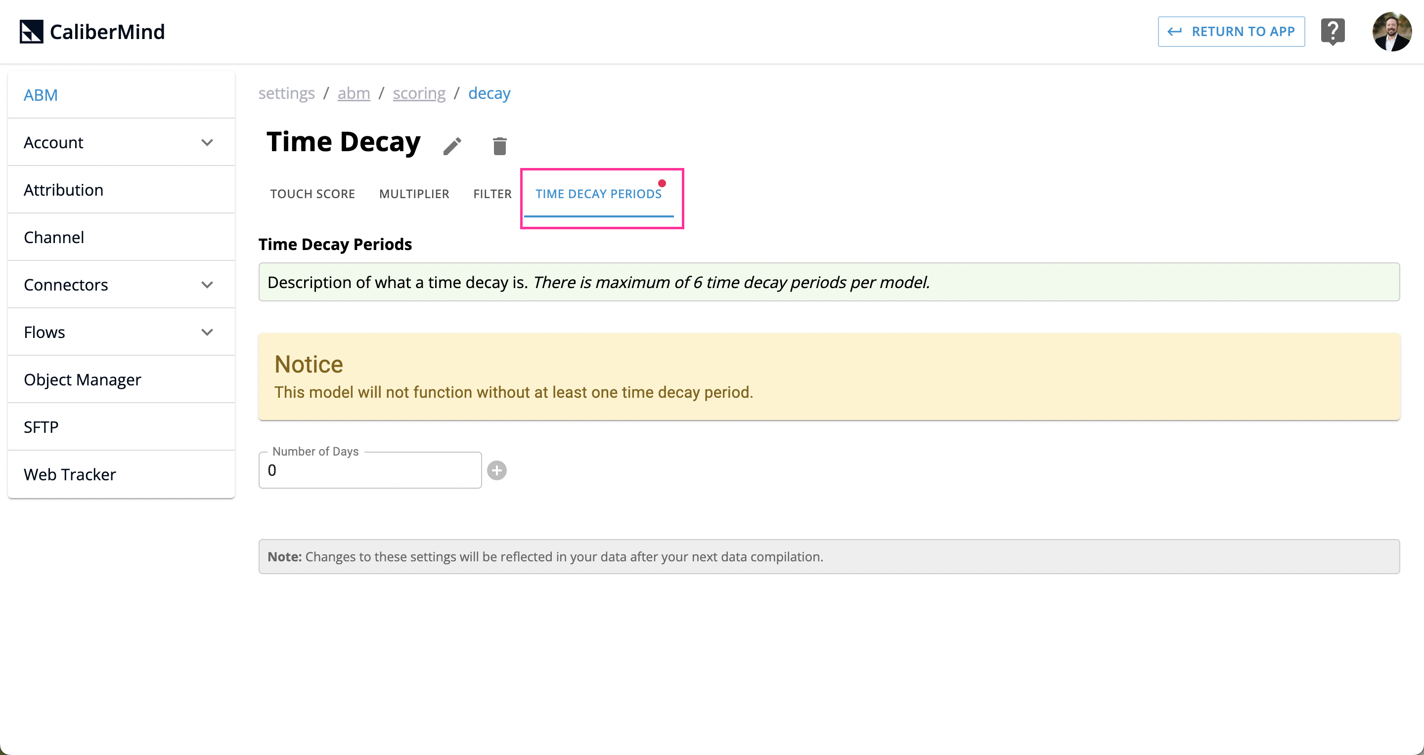 CaliberMind Time Decay input screen