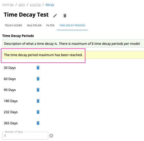 CaliberMind Time Decay lets you add a maximum of 6 different days