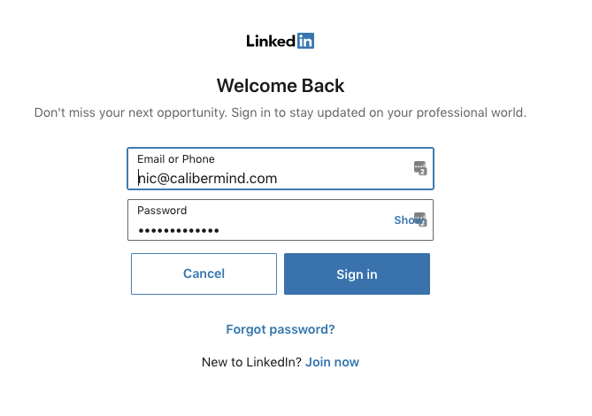 Signing in to your Linkedin account in CaliberMind