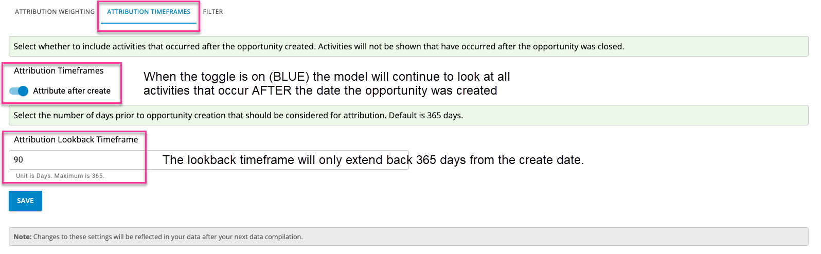 CaliberMiind Attribution Timeframe Tab