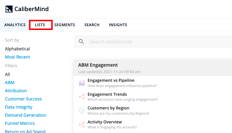 Navigate to CaliberMind Lists tab to begin importing lists