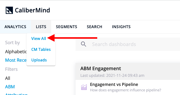 Select CaliberMind View All option from the drop-down menu