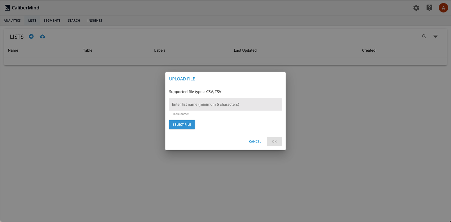 Once you've named your list and BigQuery table, click on the CaliberMind Select File button
