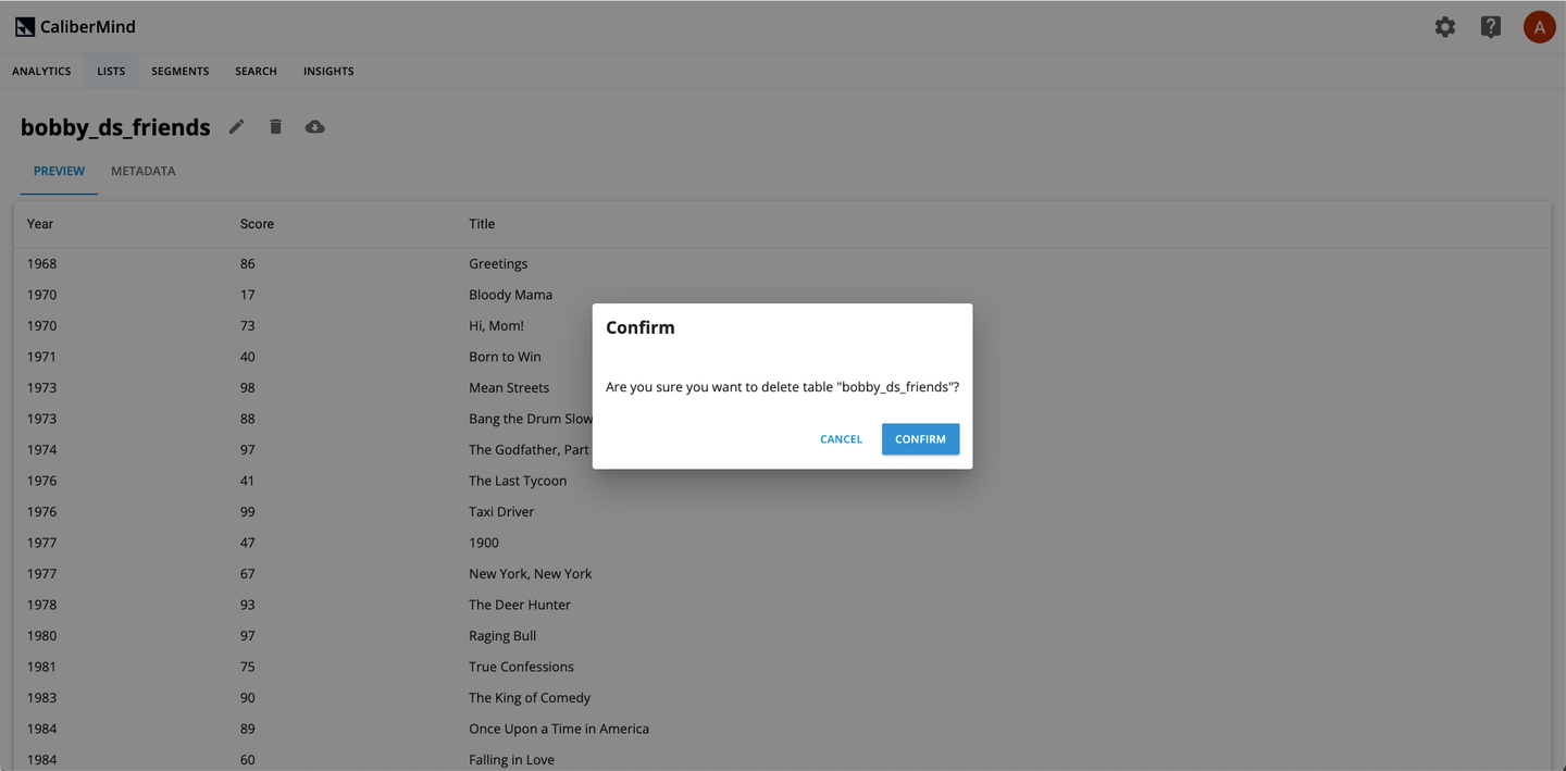Click on the Confirm button to delete your list or BigQuery table on CaliberMind