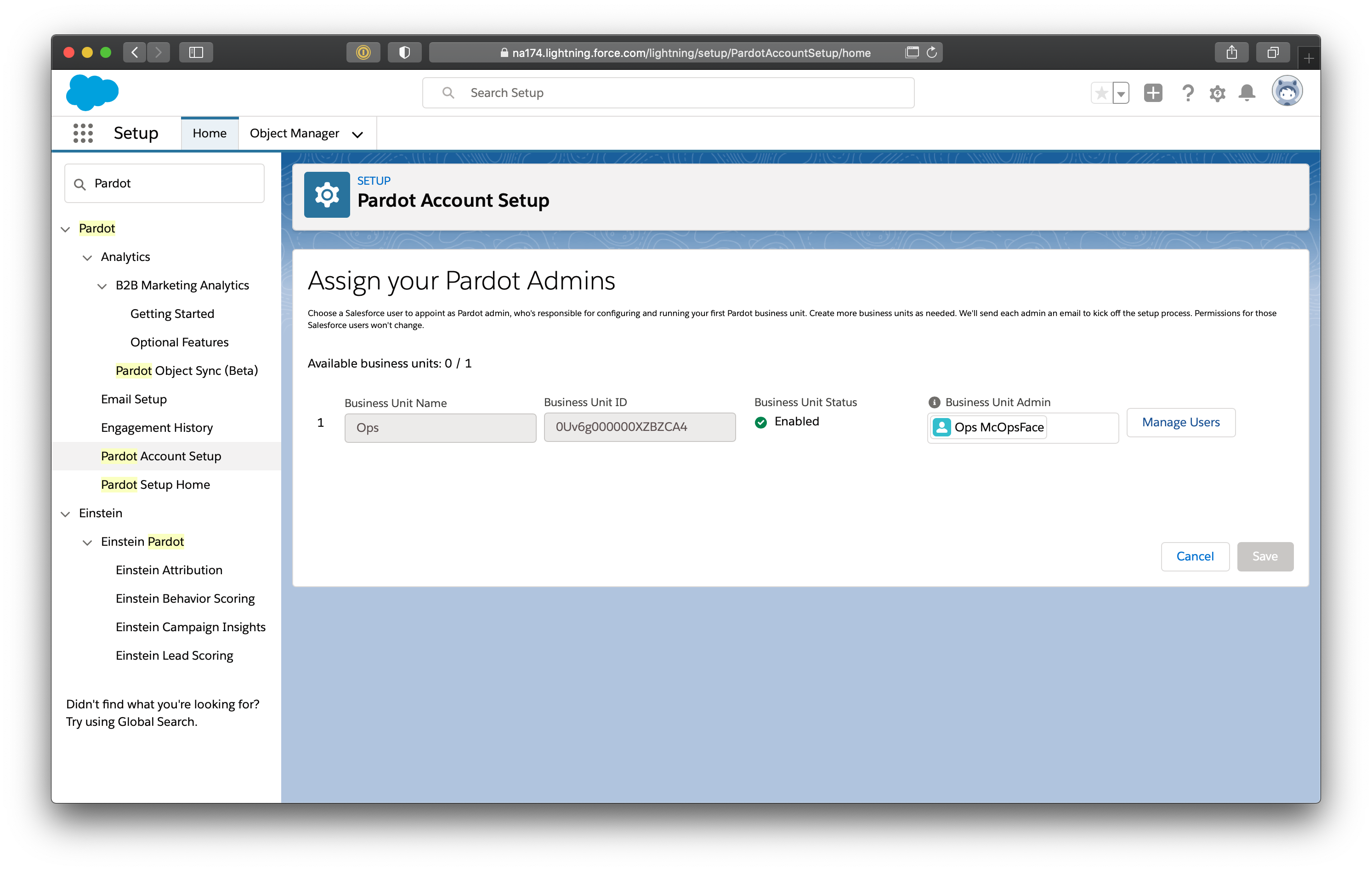 Navigate to CaliberMind Pardot Account Setup pop-up through settings