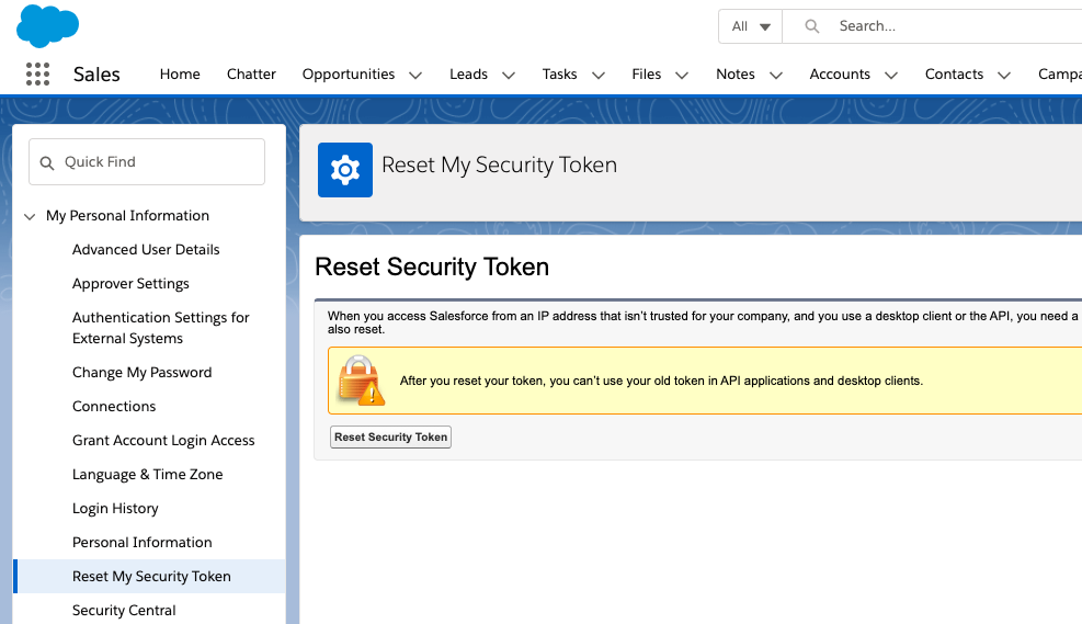 Resetting your salesforce security token through CaliberMind ResetApiToken option