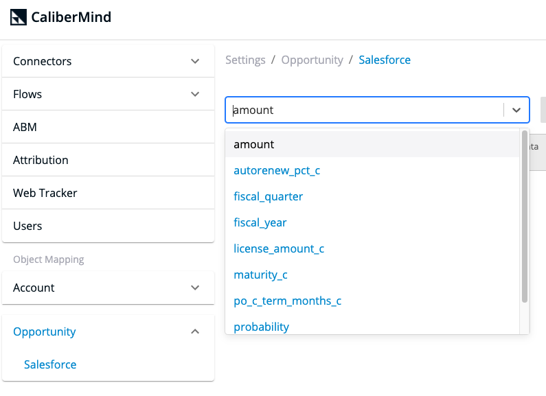 CaliberMind automatically makes an association between amount field and Saleforce Opportunity Object