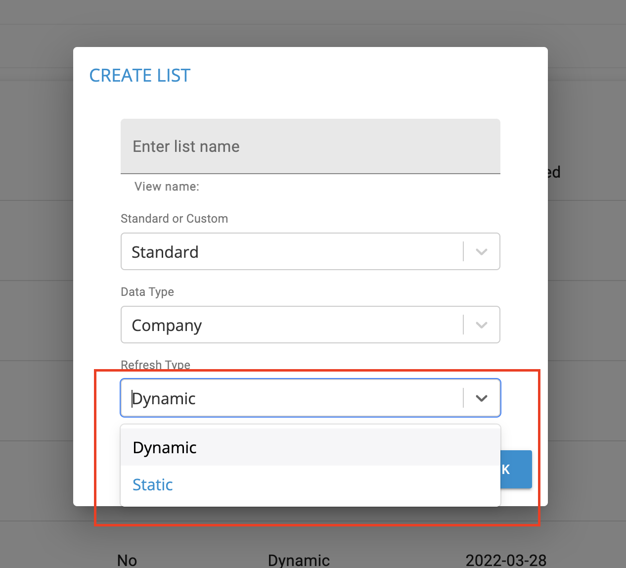 CaliberMind new list screen with refresh type options: Dynamic or Static