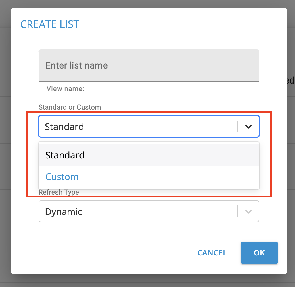 CaliberMind new list view with standard or custom selection