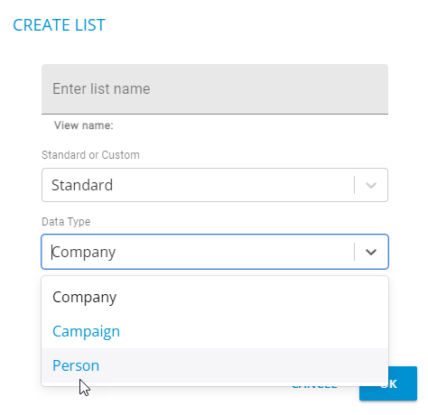 CaliberMind List Builder Data Type options, Company, Campaign or Person