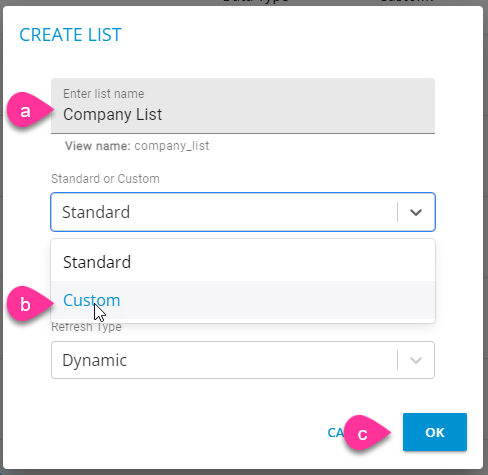 CaliberMind Create List dialog box