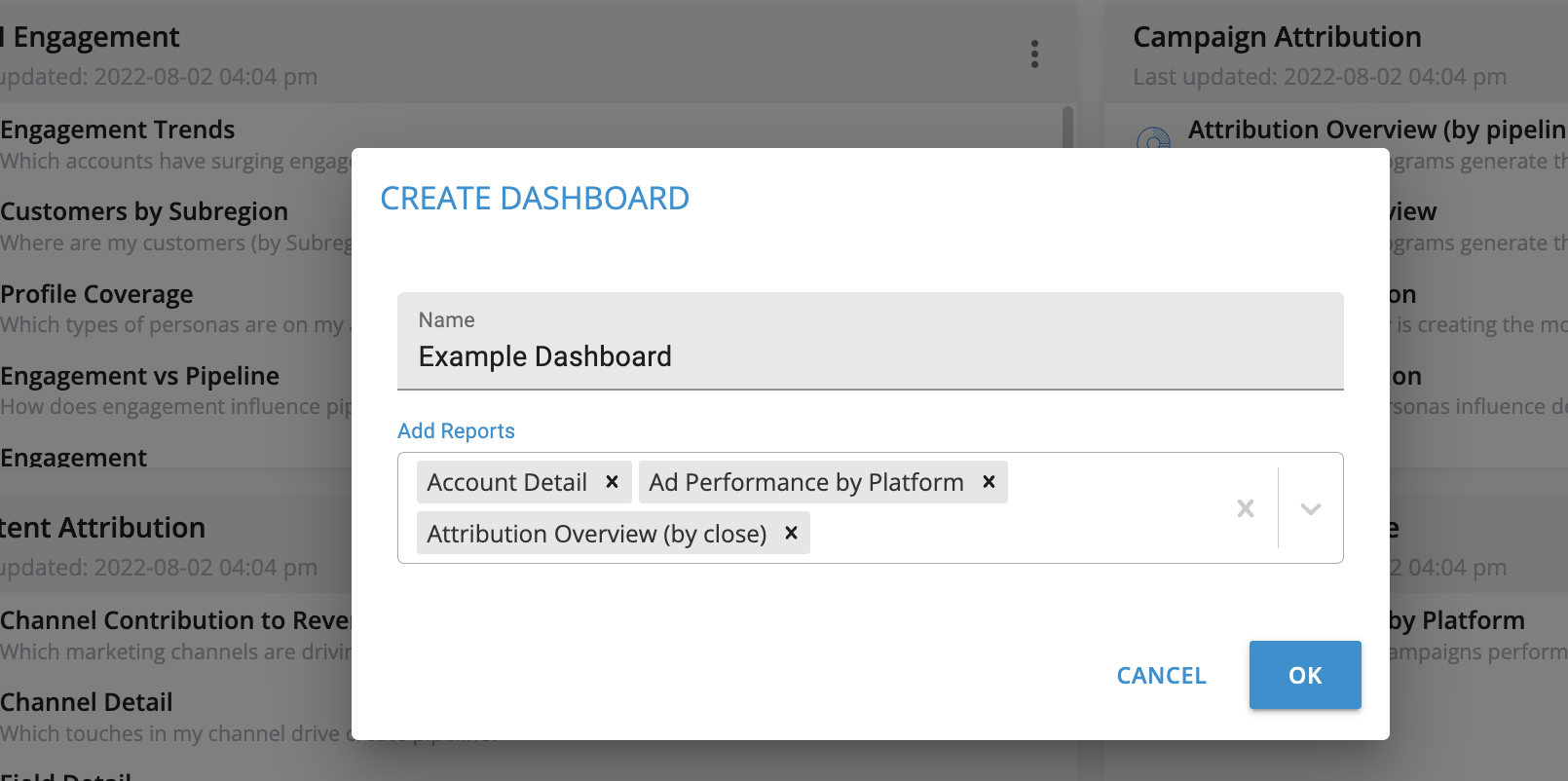 Name Your CaliberMind Dashboard and Select the Reports You Would Like to Add Within It