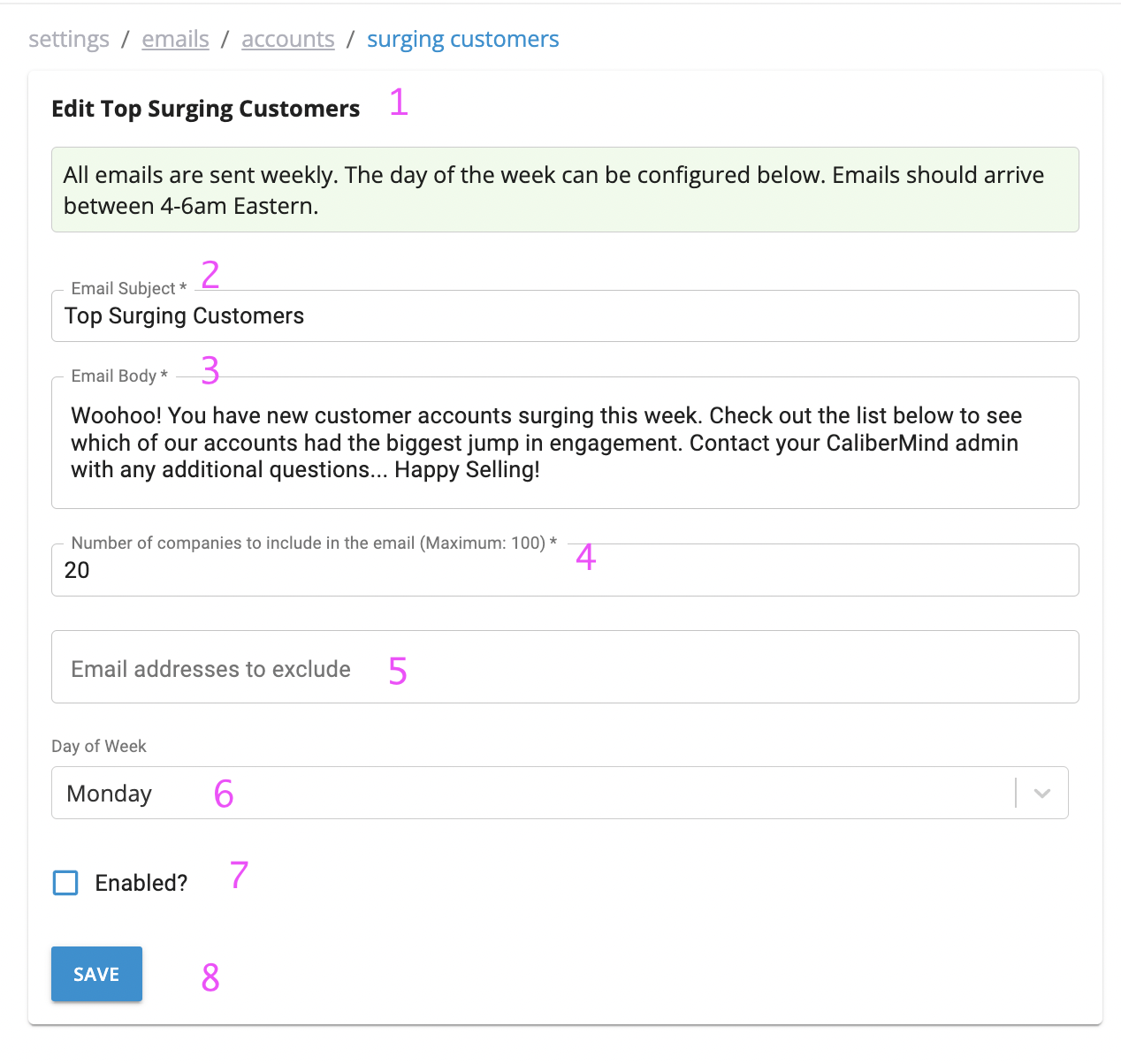 surge email configuration screen