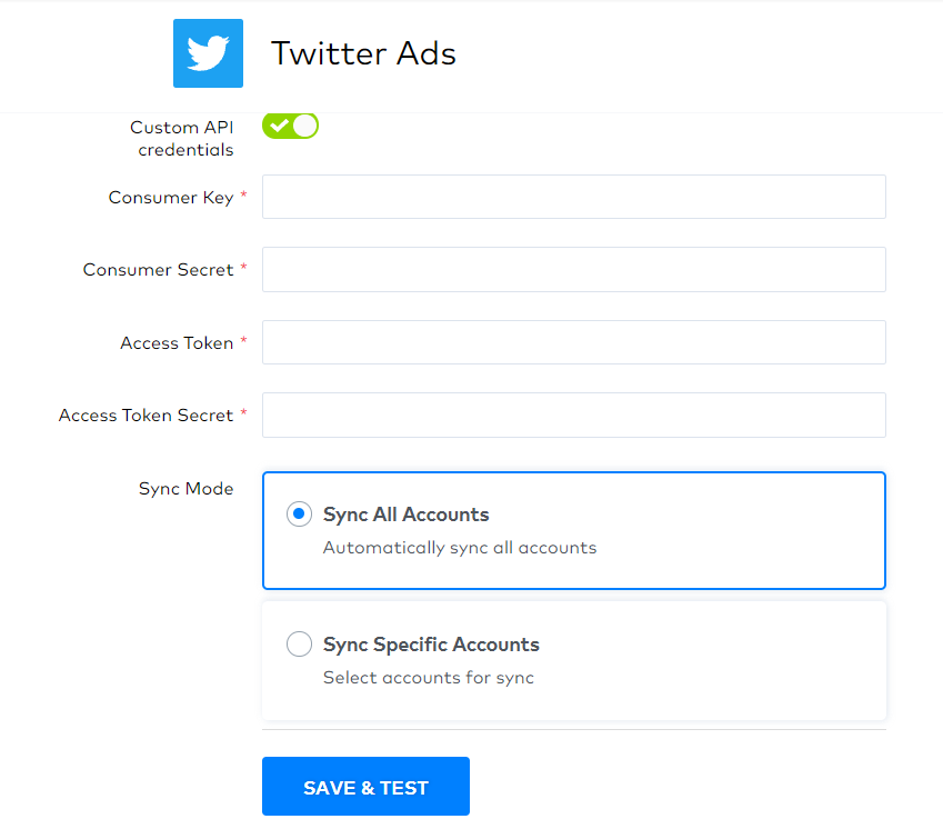 Enter your Twitter aunthentication data, select sync all accounts/specific account to sync with CaliberMind
