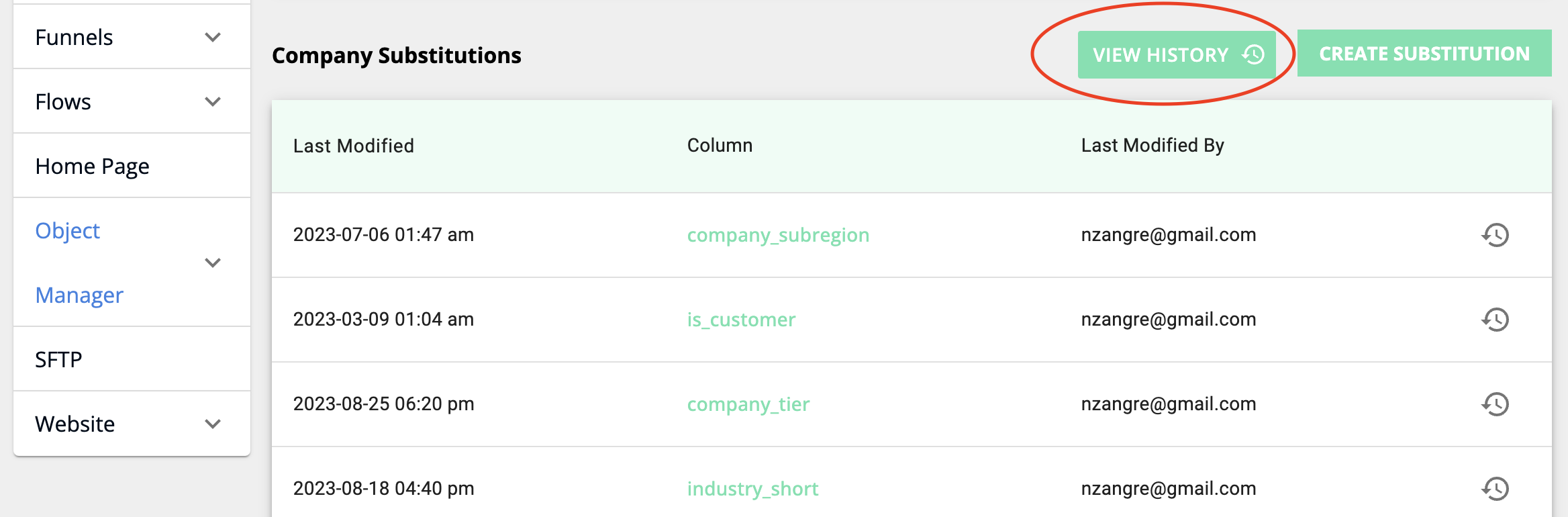 Scroll Down to the CaliberMind Substitution Area and Select the View History Button