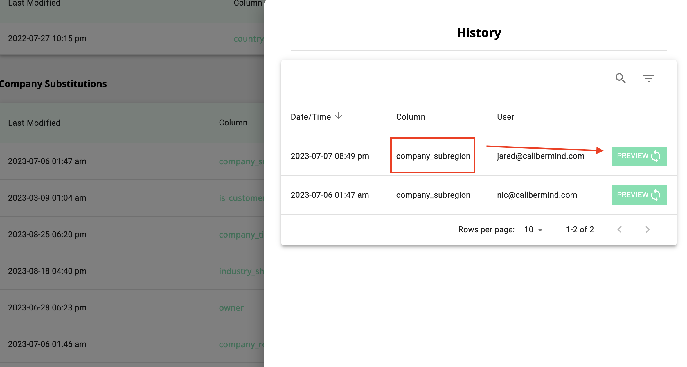 View the Changes for this Specific Columns