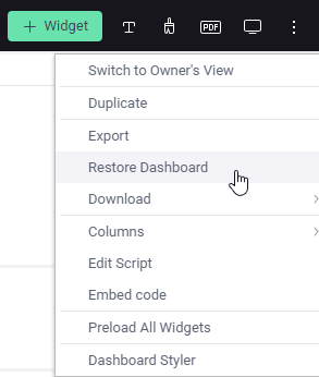 CaliberMind Dashboards Menu displaying Restore Dashboard option