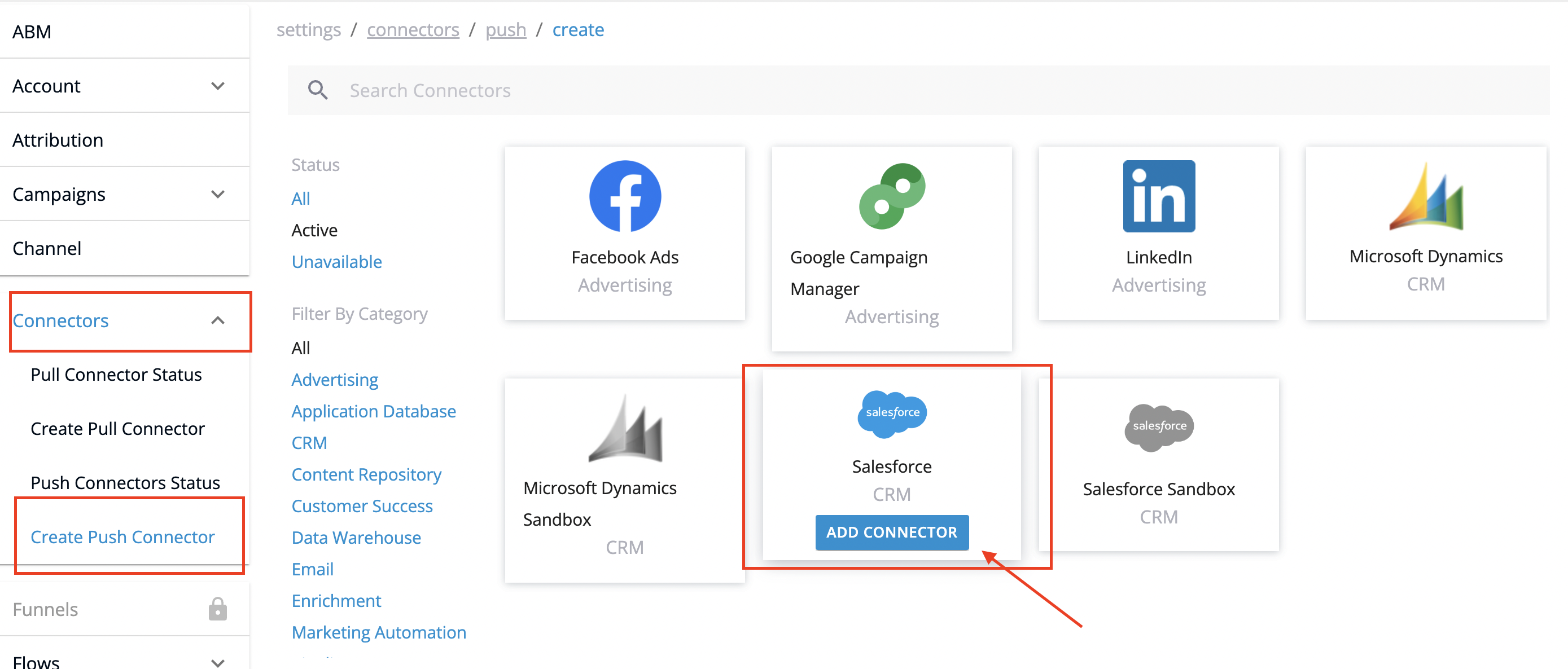 Click on CaliberMind Add Connector Button for Your Salesforce CRM