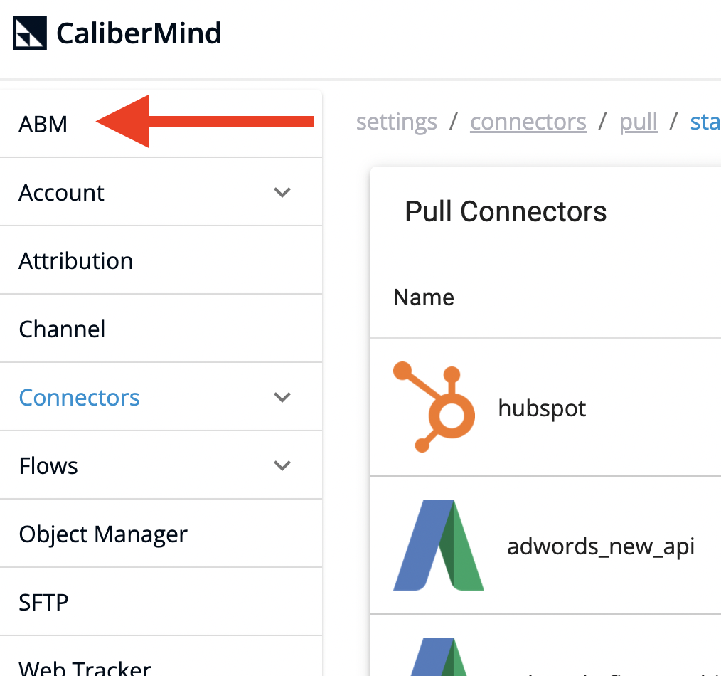 CaliberMind ABM menu item in settings