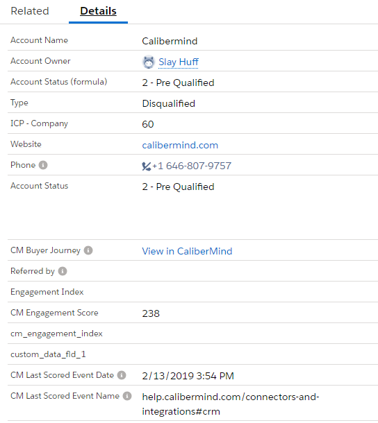 Salesforce Details tab displays CaliberMind engagement metrics