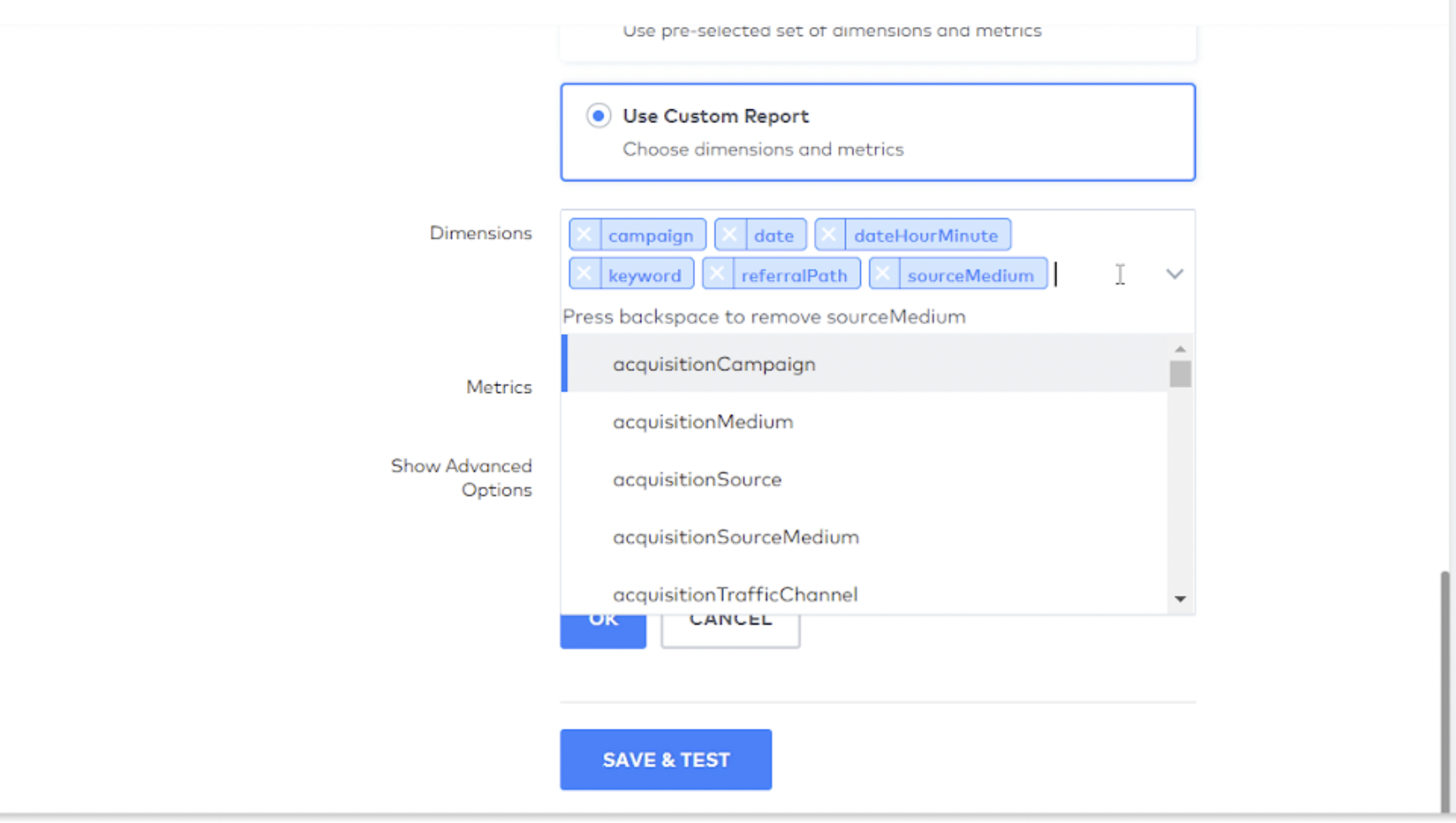 You'll Be Asked which CaliberMind Metrics and Dimensions to Import. It's Recommended to Include Referral Parameters, Campaign, Date and Source Data