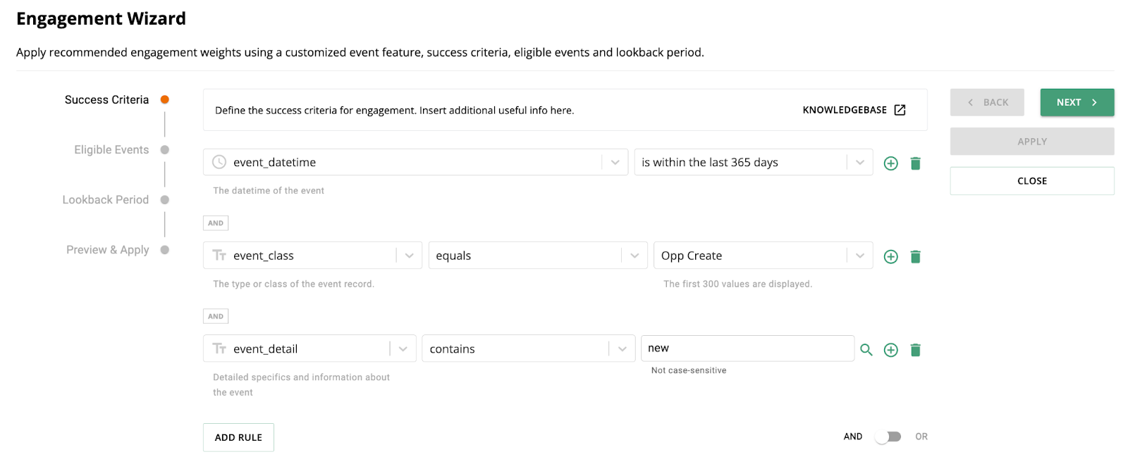 Engagement Wizard - set the success criteria