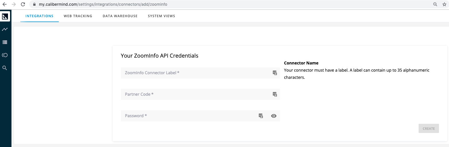 Entering your ZoomInfo API credentials in CaliberMind