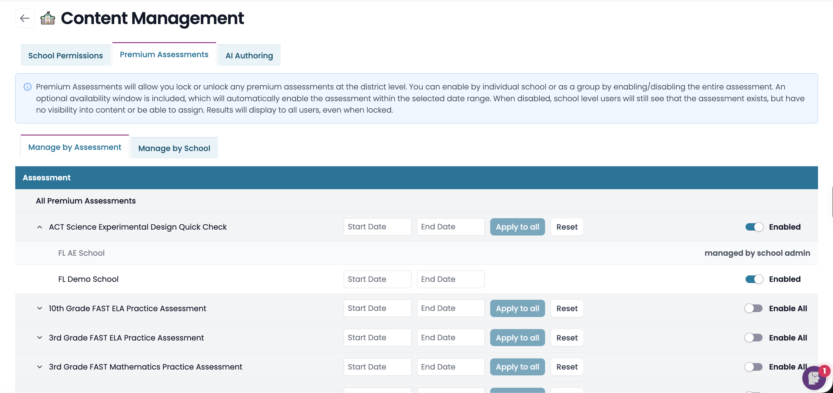 Premium Assessments Assessment Settings tab