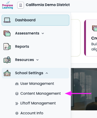 School Settings menu with Content Management selected