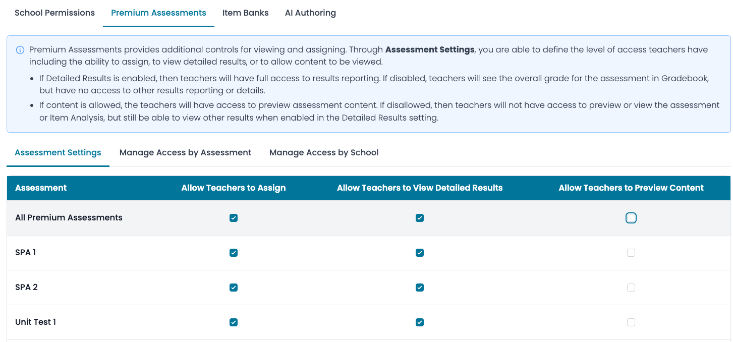 Premium Assessments Assessment Settings tab