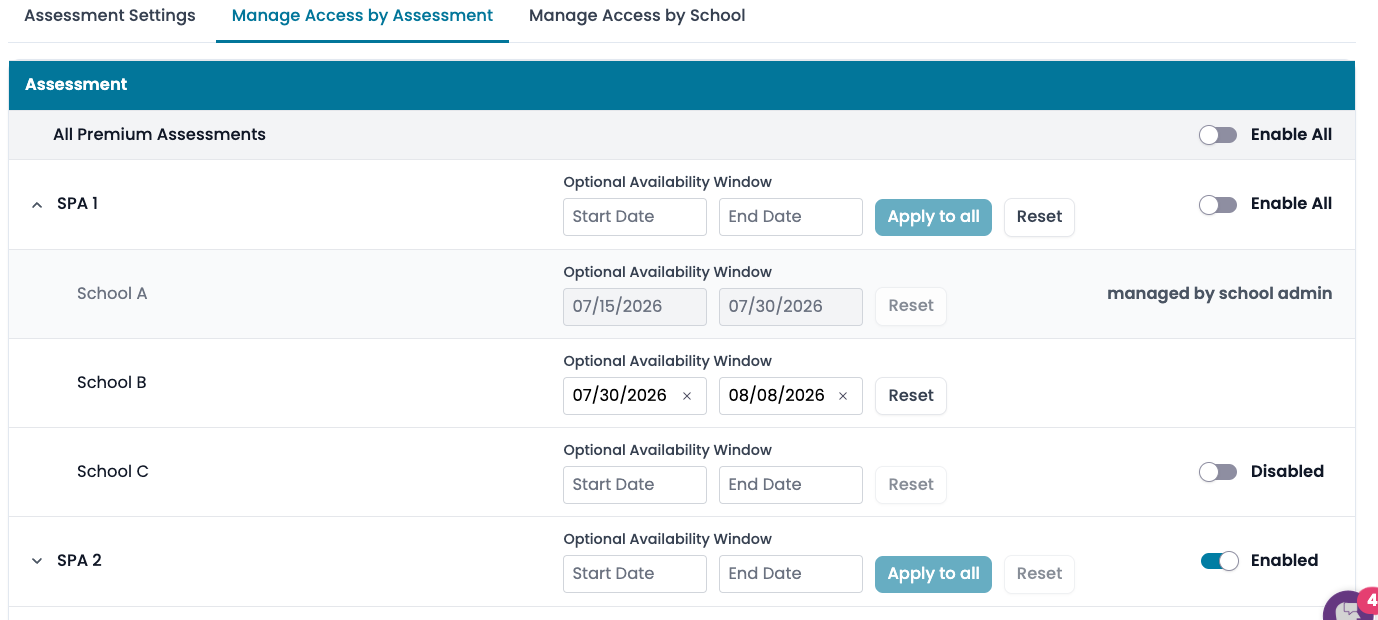 Manage Access by Assessment view with optional availability dates