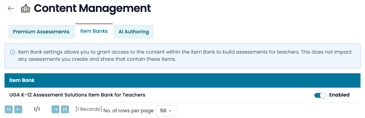 School administrator Item Banks access setting for teachers