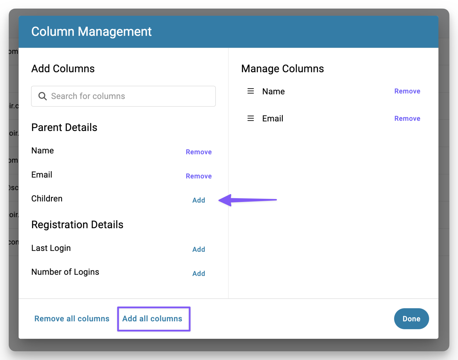 Adding columns to parent roster from menu