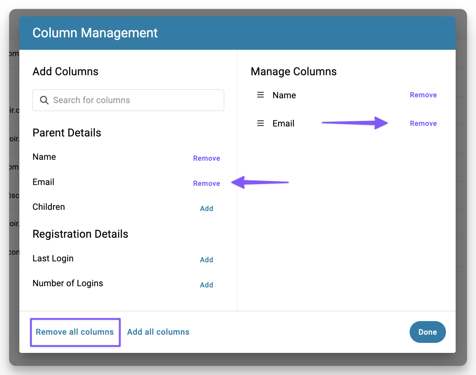 Remove columns to parent roster from menu