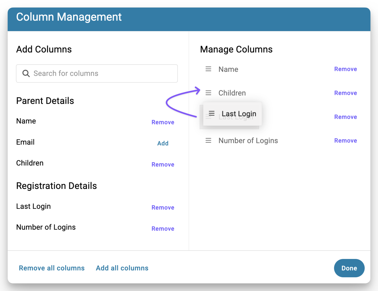 Reorder columns on parent roster from column management menu