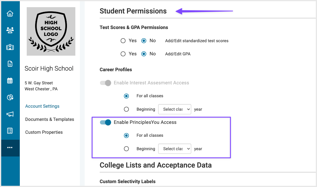 Career profiles section of account settings