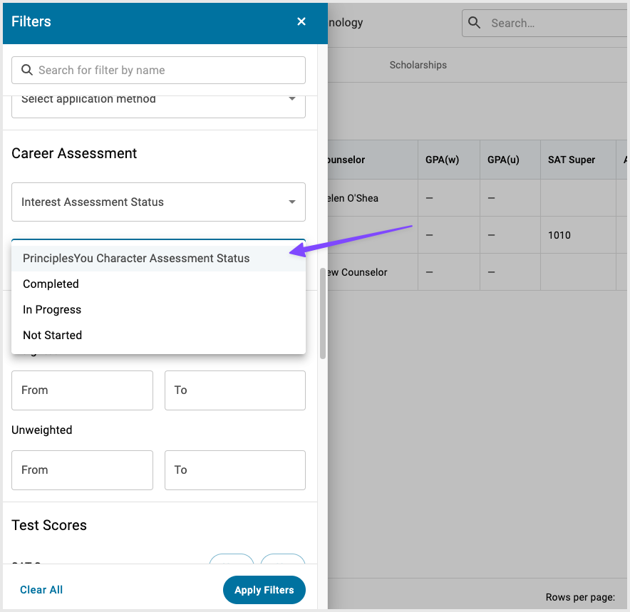 PrinciplesYou filter on student roster