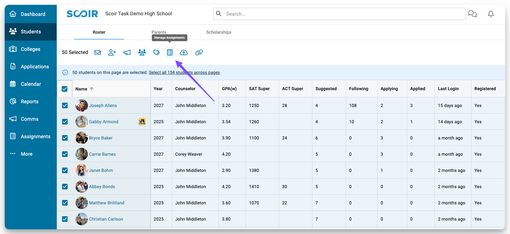 student roster with arrow pointing to manage assignments button