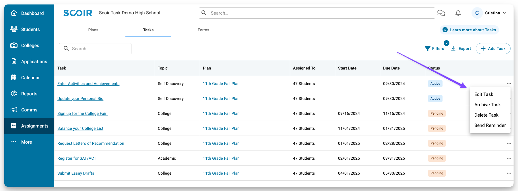 arrow pointing to edit and delete buttons in task table