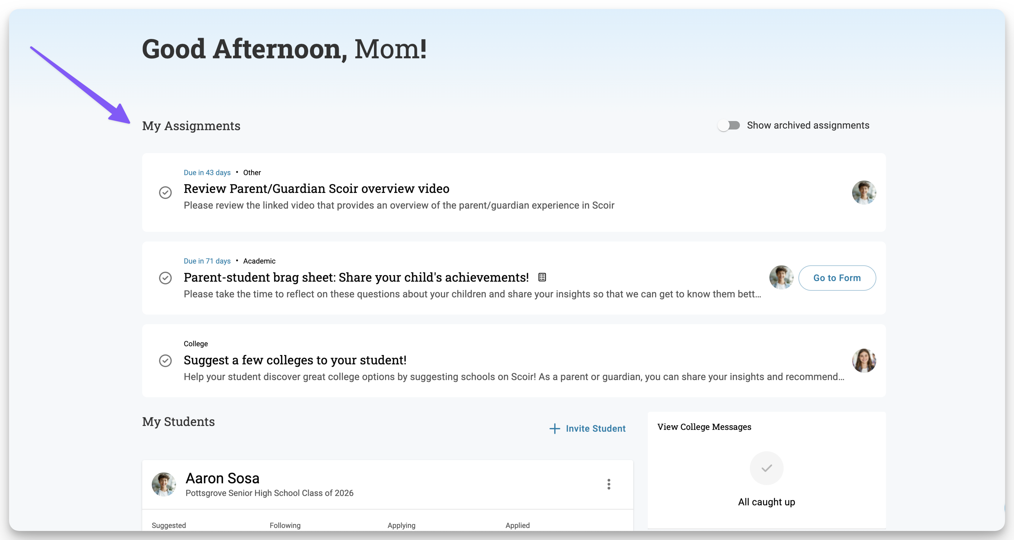 New assignment section on parent dashboard