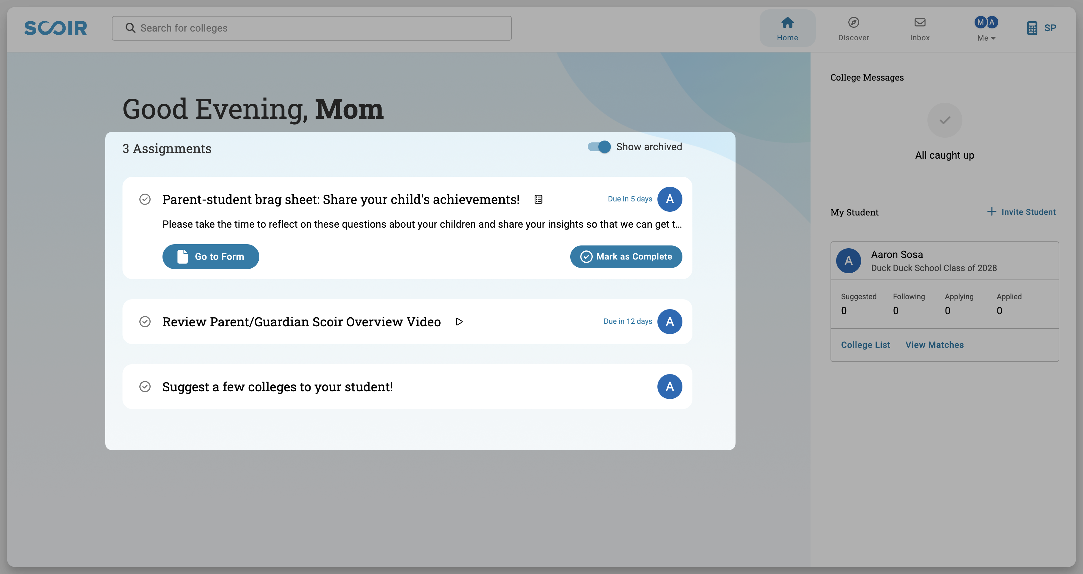 New assignment section on parent dashboard