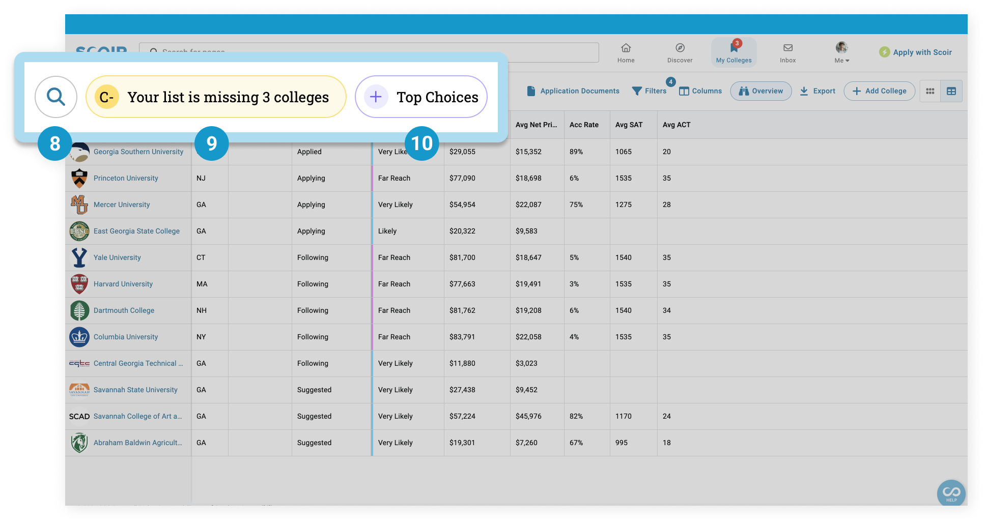 Search, top choices, and college list from student table view of my colleges