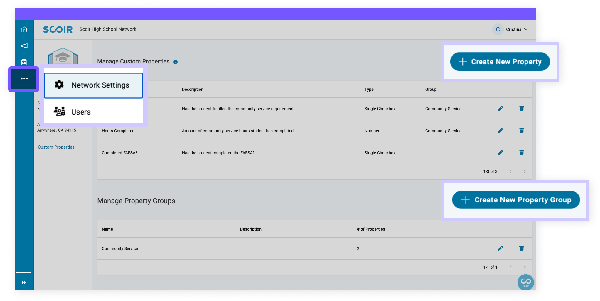 Accessing custom properties from Network Settings in a network account