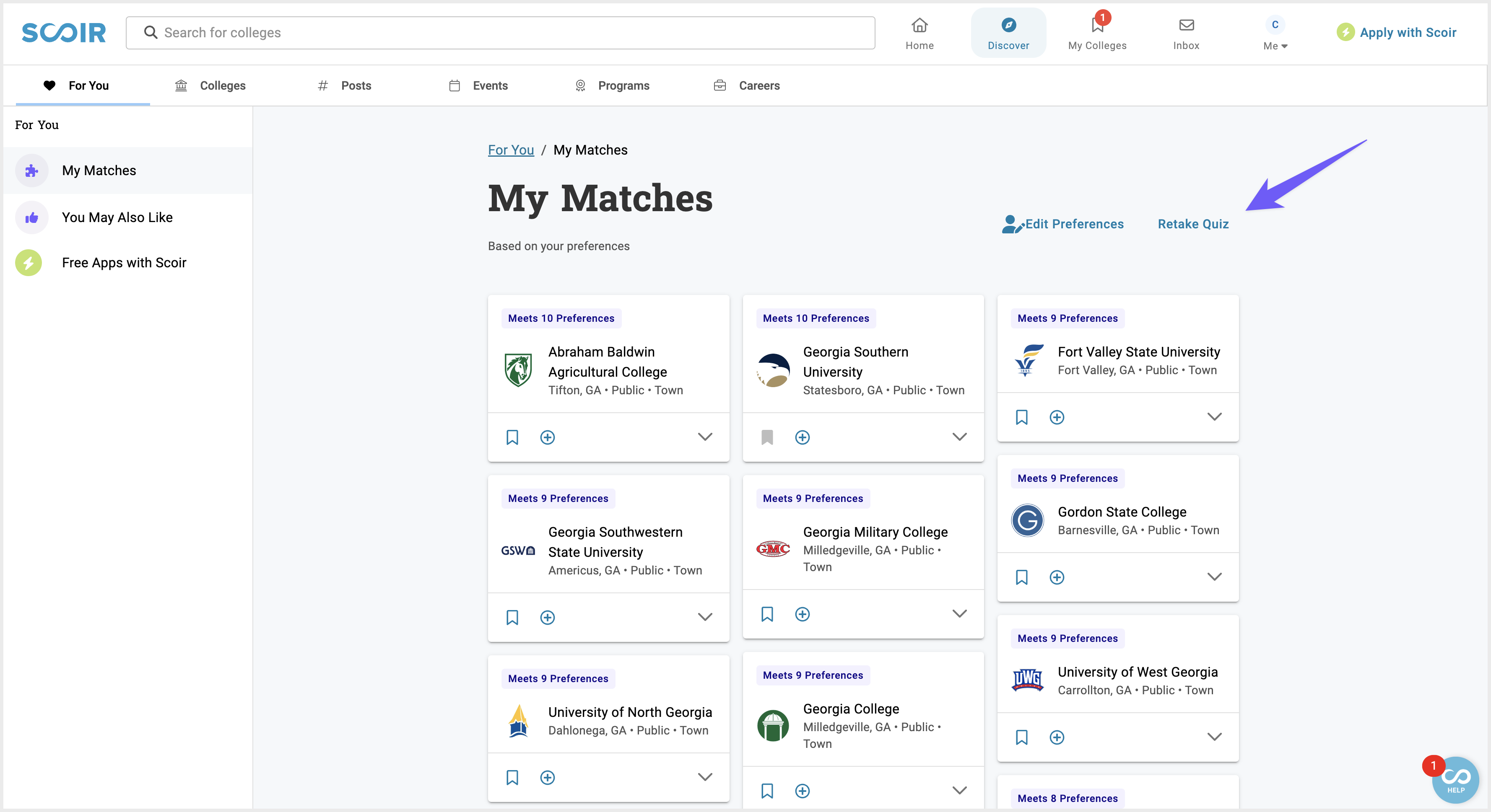 For Students: Discover Colleges - Retake My Matches quiz 