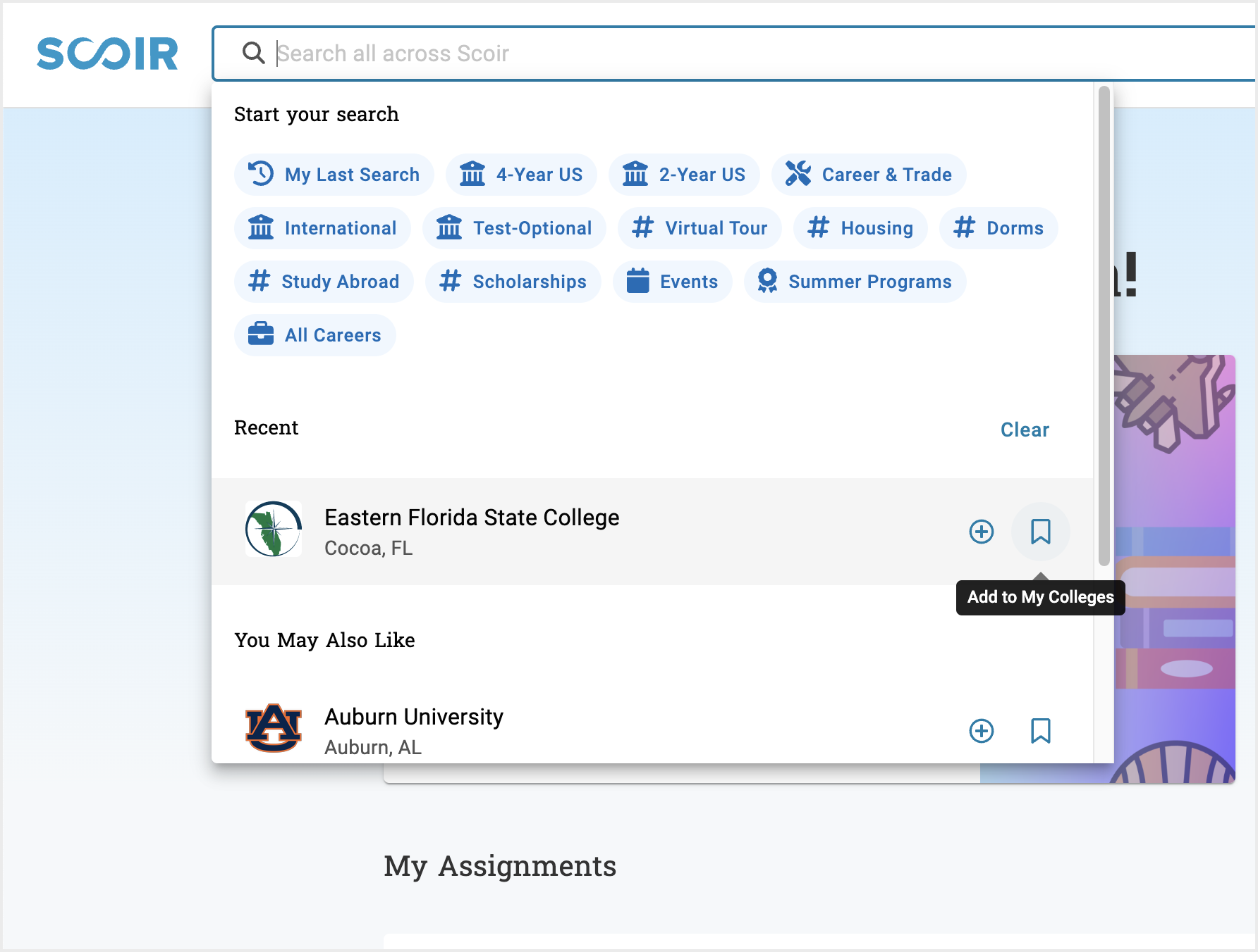 For students: Discover Colleges - search bar results