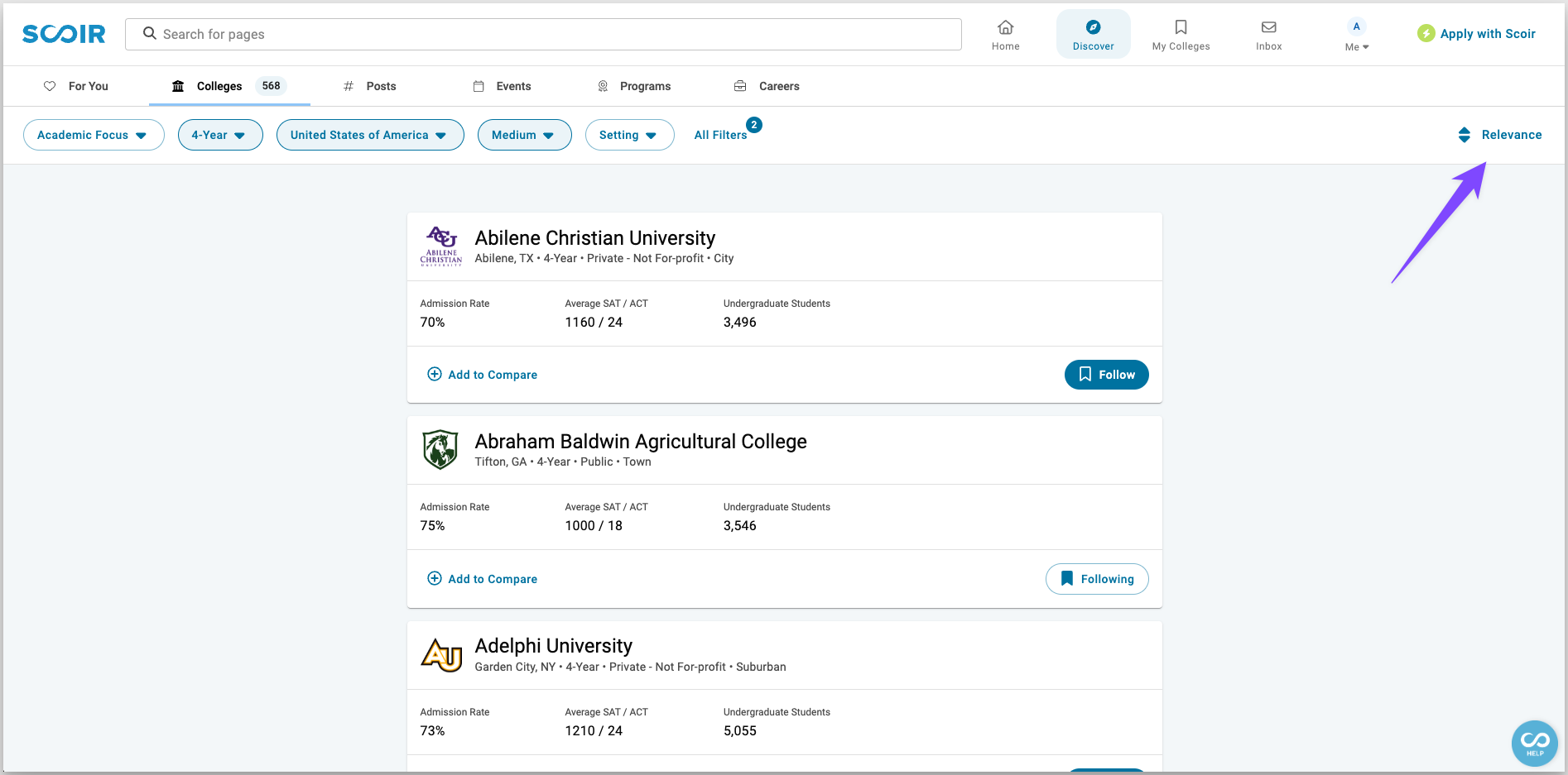 For Students: Discover Colleges - sort colleges by relevance