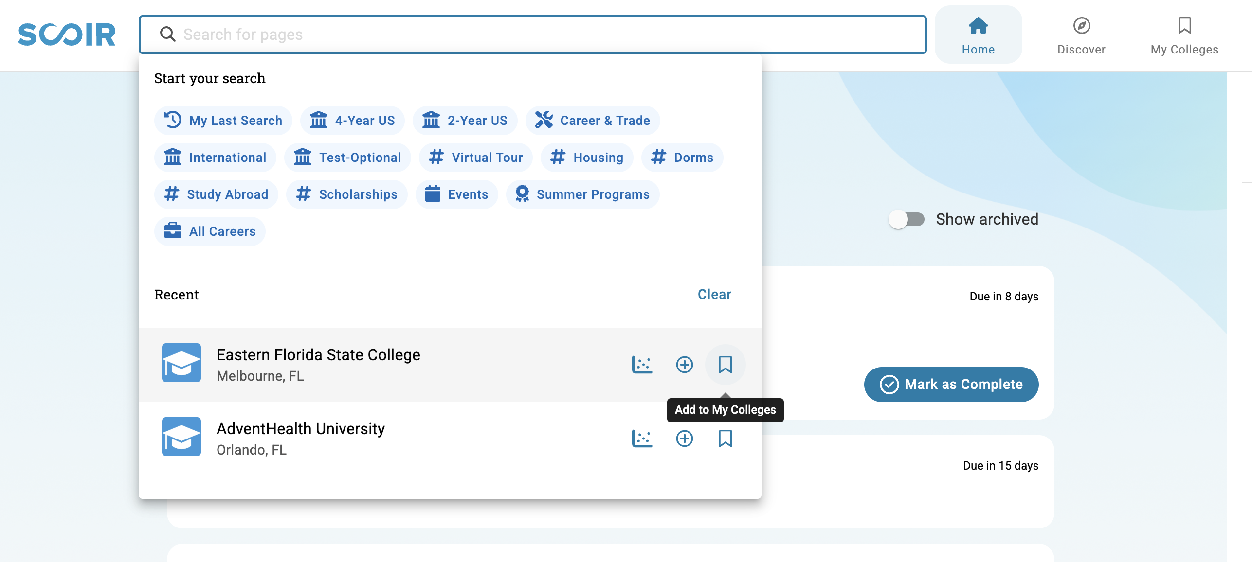 For students: Discover Colleges - search bar results
