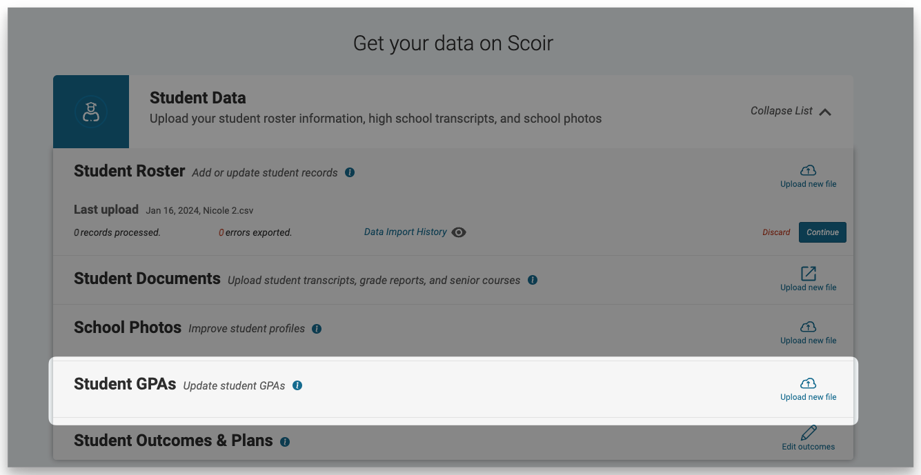 Upload student GPAs from data management page on Scoir