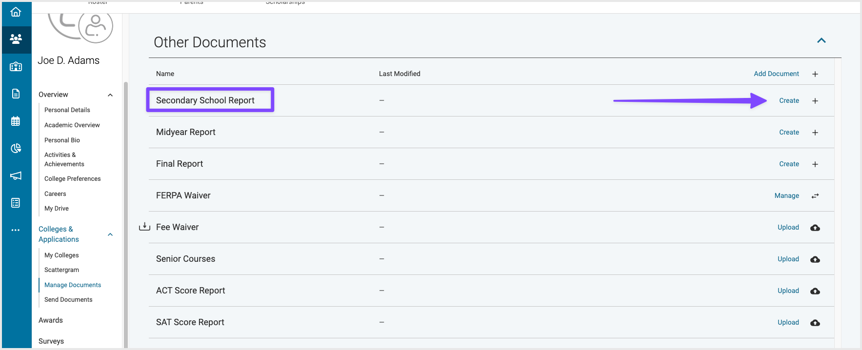 Creating SSR from student manage documents section in student profile