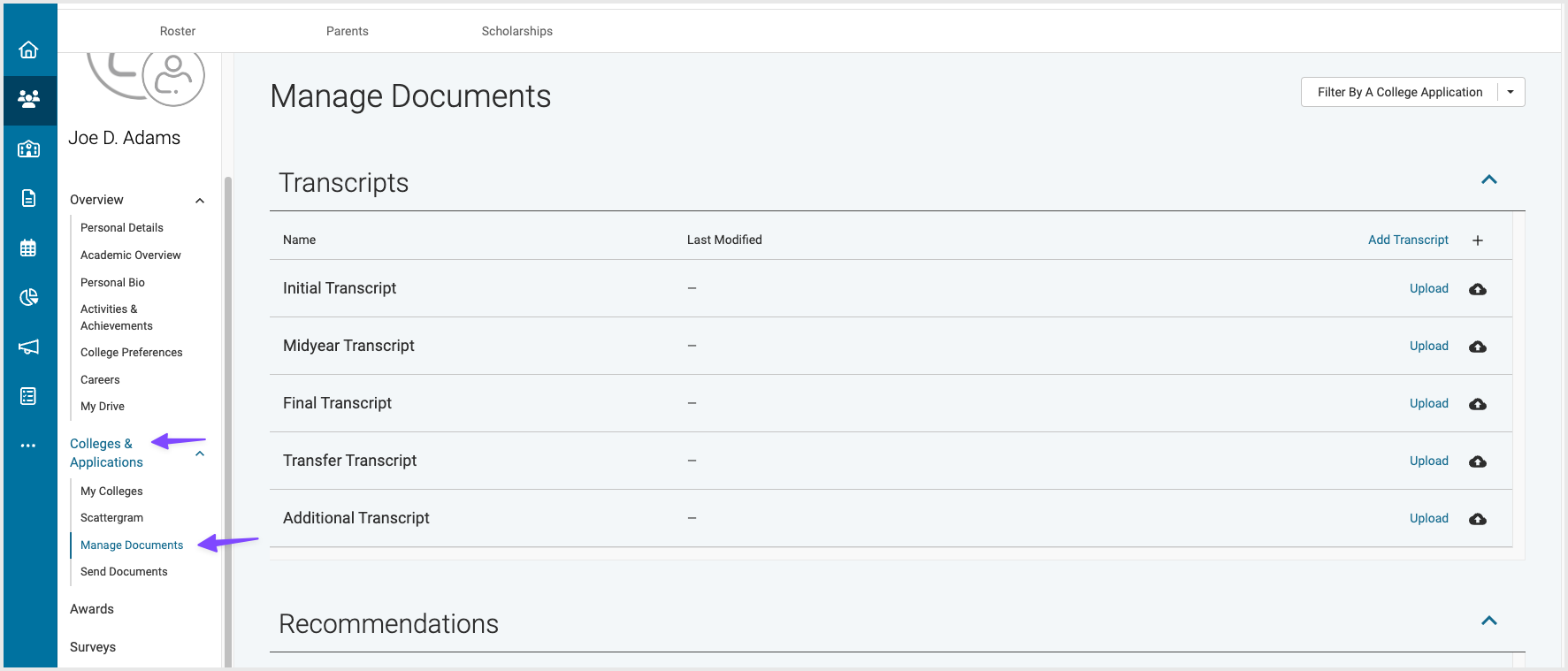 Manage documents from student profile